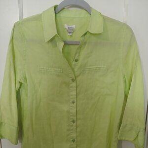 CHICO APPLE GREEN LINEN BUTTON DOWN LONG SLEEVE SIZE 0